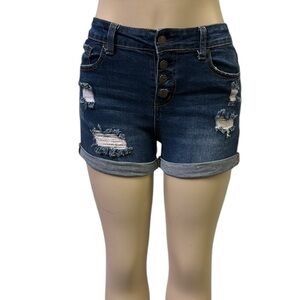 Enjean Button Fly 10 Inch Rise Distressed Cuffed Stretch Blue Jean Shorts M